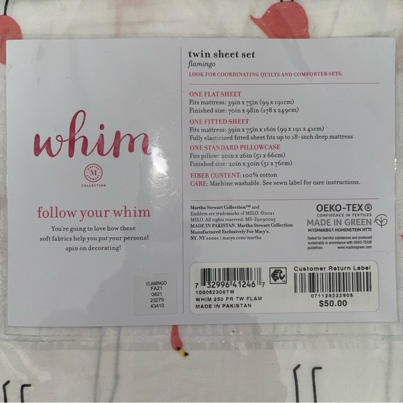 TWIN FLAT SHEET ONLY- Whim White with Pink Flamingos 250 TC 100% Cotton - Picture 2 of 3